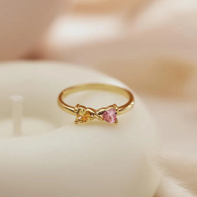 Heart Cut 2 Birthstone Custom Bow Ring in 14k Yellow Gold Vermeil Personalized Stacking Ring