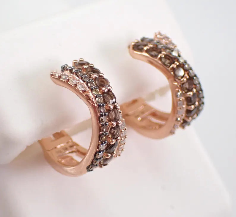 Brown Diamond Huggie Earrings in 14K Rose Gold Vermeil - Multi Row Small Brown Diamond Hoops Anniversary Gift For Her
