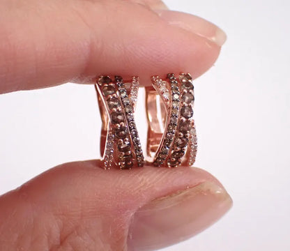 Brown Diamond Huggie Earrings in 14K Rose Gold Vermeil - Multi Row Small Brown Diamond Hoops Anniversary Gift For Her