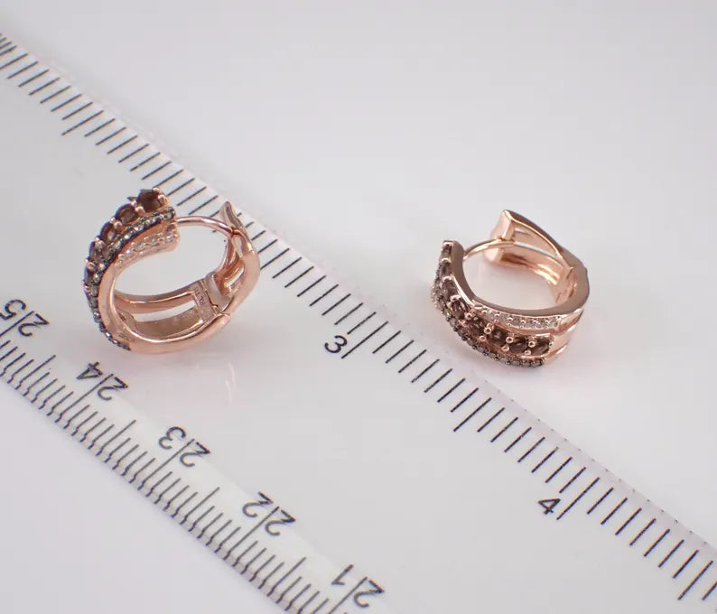 Brown Diamond Huggie Earrings in 14K Rose Gold Vermeil - Multi Row Small Brown Diamond Hoops Anniversary Gift For Her