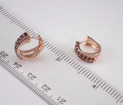 Brown Diamond Huggie Earrings in 14K Rose Gold Vermeil - Multi Row Small Brown Diamond Hoops Anniversary Gift For Her