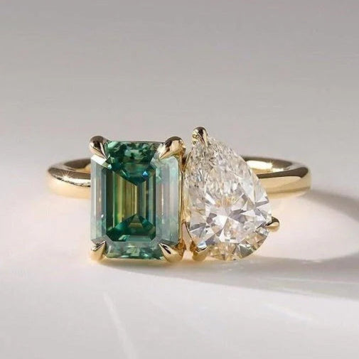 5.50 TCW Pear & Emerald Cut Green Moissanite Toi Et Moi Engagement & Wedding Ring in 14K Yellow Gold Finish