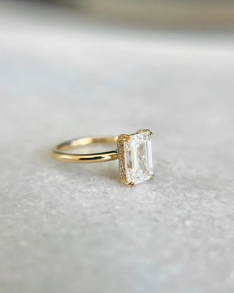 Emerald Cut Diamond Hidden Halo Wedding Ring in 14K Yellow Gold Vermeil - Engagement Ring For Her