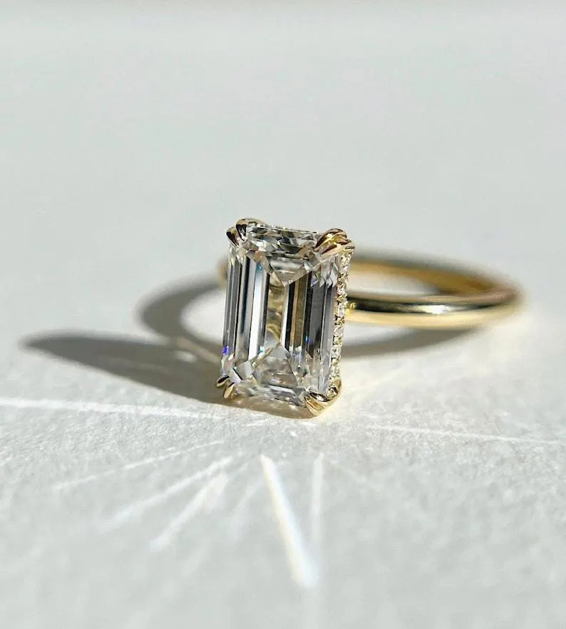 Emerald Cut Diamond Hidden Halo Wedding Ring in 14K Yellow Gold Vermeil - Engagement Ring For Her