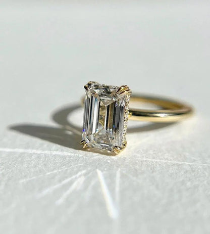 Emerald Cut Diamond Hidden Halo Wedding Ring in 14K Yellow Gold Vermeil - Engagement Ring For Her