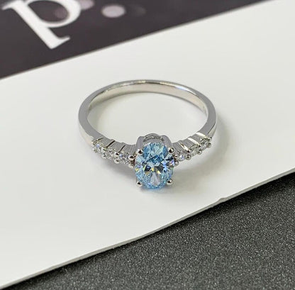 Oval Aquamarine & Diamond Wedding Promise Ring in Solid Sterling Silver - Proposal Ring For Her