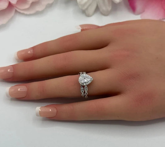 Teardrop Diamond CZ Two Piece Vintage Art Deco Marquise Wedding Engagement Anniversary Bridal Set Ring Band 925 Sterling Silver Gift