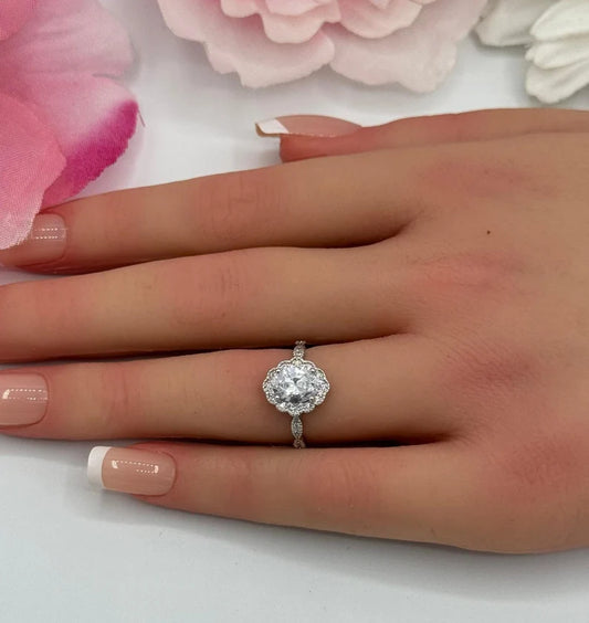 Halo 1.20 Carat Oval Diamond Simulate Accent Vintage 925 Sterling Silver Bridal Ring Art Deco Wedding Engagement Ring Choose Your Color Stone