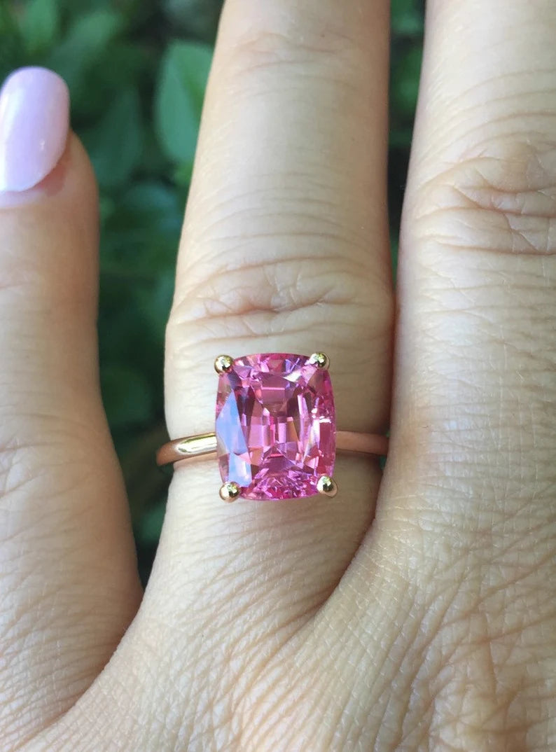 Cushion Cut Pink Sapphire Solitaire Engagement Ring in 14K Rose Gold Vermeil - Wedding Ring Gift For Her