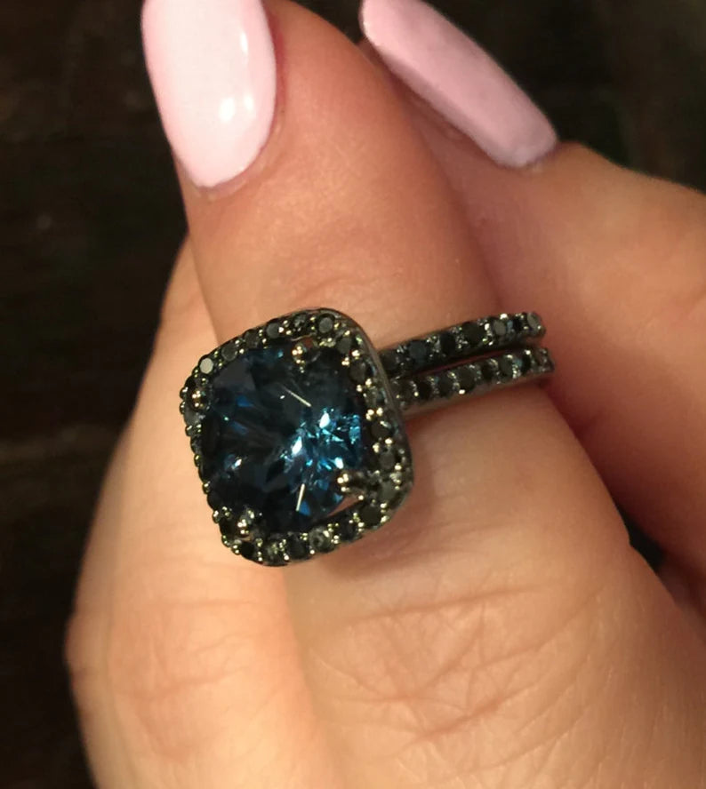 London Blue Topaz & Black Diamond Engagement Ring Set in Black Rhodium on 925 Sterling Silver