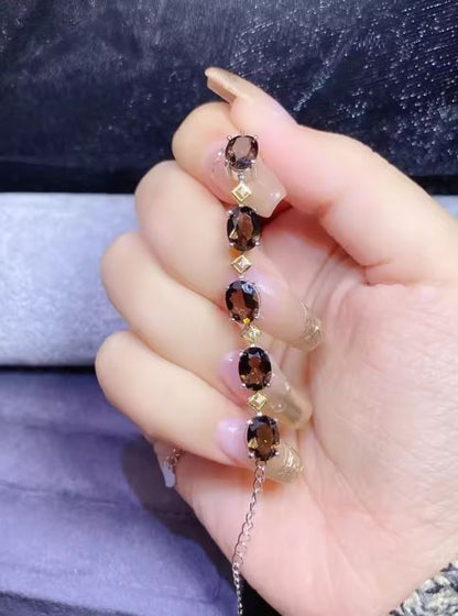 8x6mm Oval Natural Brown Smoky Diamond Bracelet in 925 Sterling Silver For Womens