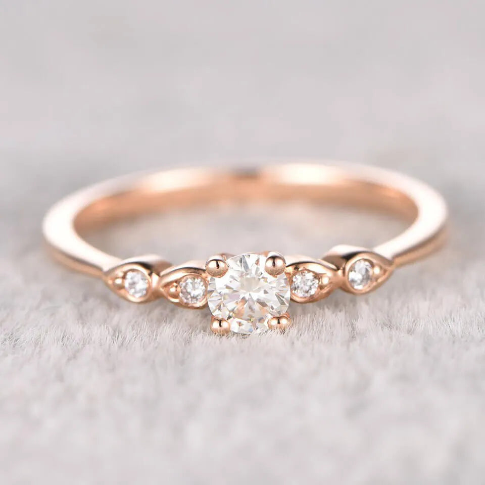 5mm Round Moissanite Engagement Ring Diamond Wedding Ring 14k Rose Gold Milgrain