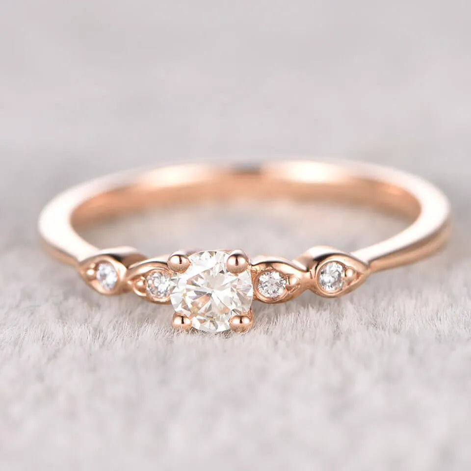 5mm Round Moissanite Engagement Ring Diamond Wedding Ring 14k Rose Gold Milgrain