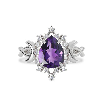 Pear Cut Amethyst Alice Star & Moon Magic Engagement Ring in 14k Yellow Gold Vermeil - Gift For Her