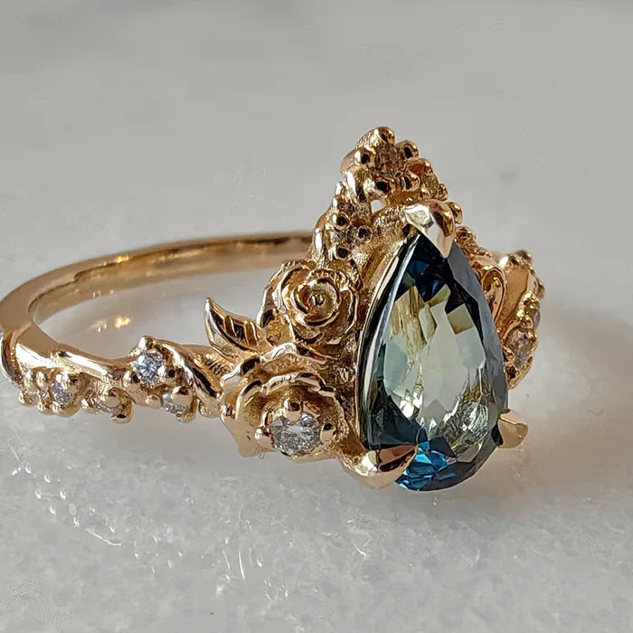 Pear Cut Teal Sapphire Blossom Rose & Dancing Swan Engagement Ring in 925 Sterling Silver