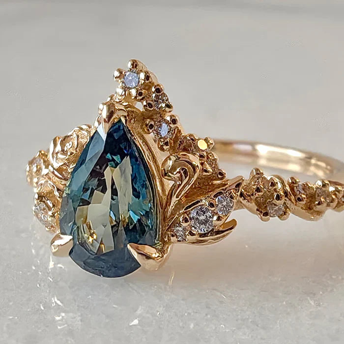 Pear Cut Teal Sapphire Blossom Rose & Dancing Swan Engagement Ring in 925 Sterling Silver