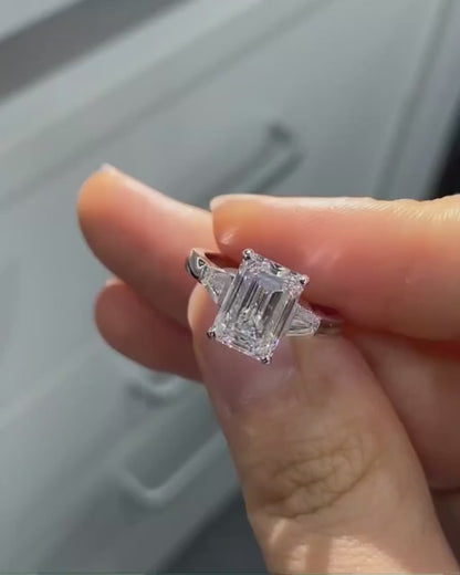 3 Carat Emerald Cut Diamond Engagement Ring in Sterling Silver - Anniversary Ring For Her