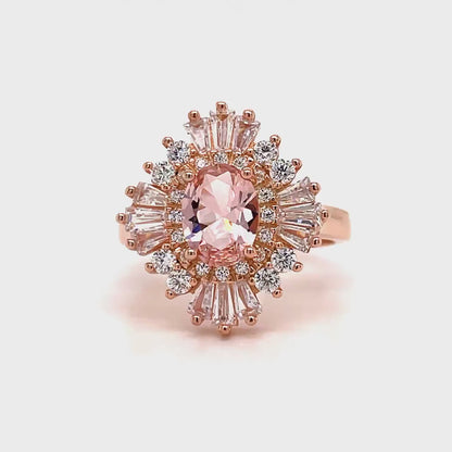 Art Deco Oval Morganite & Baguette Halo Victorian Engagement Ring in 14K Rose Gold Finish - Gift For Her