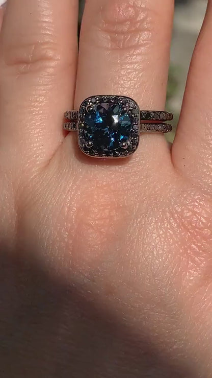 London Blue Topaz & Black Diamond Engagement Ring Set in Black Rhodium on 925 Sterling Silver
