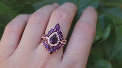 Teardrop Purple Amethyst Wedding Ring Set 14k Rose Gold Vermeil - Halo Engagement Ring - February Birthstone Ring