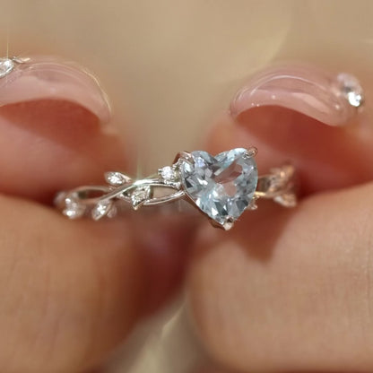 Heart Aquamarine & Diamond Leaf Ring in 925 Sterling Silver Fairy Engagement Ring For Women - Unique Promise Ring Gift For Her