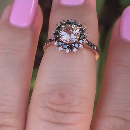 Morganite Engagement Ring In 14K Rose Gold Vermeil Morganite & Black Diamond Victorian Ring