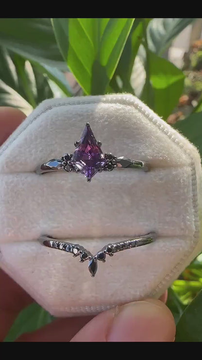 Black Gold Plated Kite Cut Amethyst Engagement Ring Set - Witchy Rhodium Black Promise Ring - Gothic Black Wedding Anniversary Ring Bridal Set