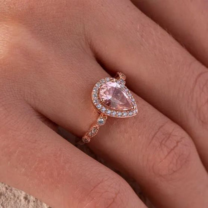 Vintage Teardrop Morganite Ring in 14K Rose Gold Finsih - Morganite Engagement Ring For Women