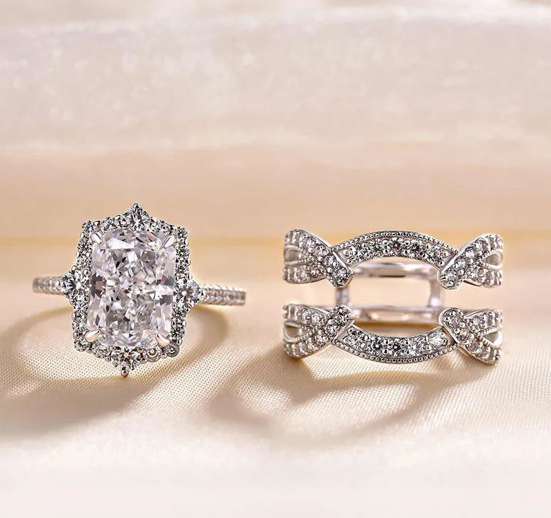 Vintage Halo Radiant Cut Insert Wedding Ring Set For Women In 925 Sterling Silver - Special Gift For Her