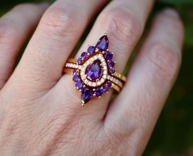 Teardrop Purple Amethyst Wedding Ring Set 14k Rose Gold Vermeil - Halo Engagement Ring - February Birthstone Ring