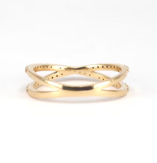 Diamond Crossover Ring in 14K Yellow Gold Finish - Double Eternity Ring - Gift For Love