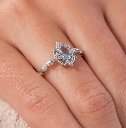 Vintage Aquamarine Ring in Sterling Silver Engagement Ring For Women - March Birthstone