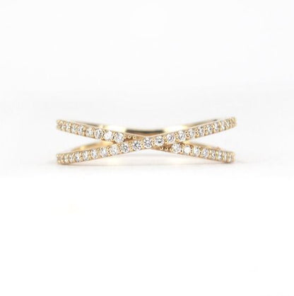 Diamond Crossover Ring in 14K Yellow Gold Finish - Double Eternity Ring - Gift For Love