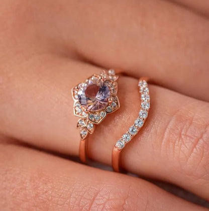 Peach Morganite Engagement Ring Set in 14K Rose Gold Finish Curved Wedding Band - June Birthstone