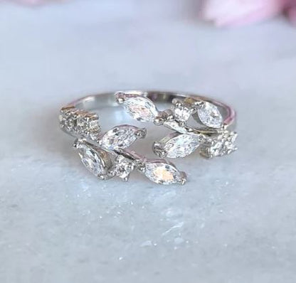 Marquise Shape Diamond Adjustable Leaf Ring in Sterling Silver Stackable Open Ring For Her
