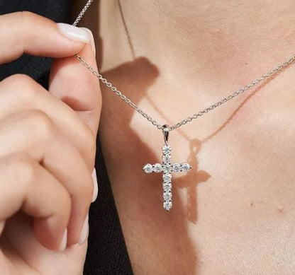 Diamond Cross Pendant Necklace in 925 Silver - Religious Necklace Dainty Cross Jewelry