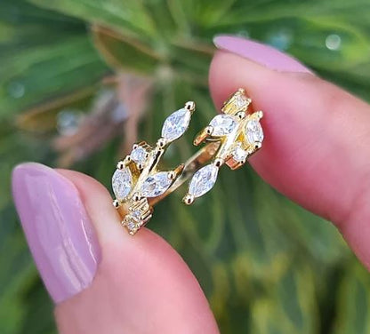 Marquise Shape Diamond Adjustable Leaf Ring in Sterling Silver Stackable Open Ring For Her