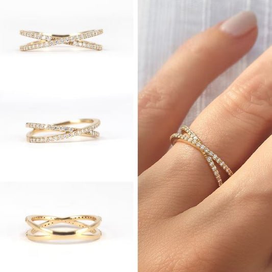 Diamond Crossover Ring in 14K Yellow Gold Finish - Double Eternity Ring - Gift For Love