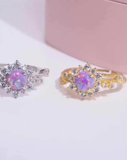 Purple Opal & Diamond Princess Magic Sunflower Engagement Ring in Sterling Silver - Gift For Her