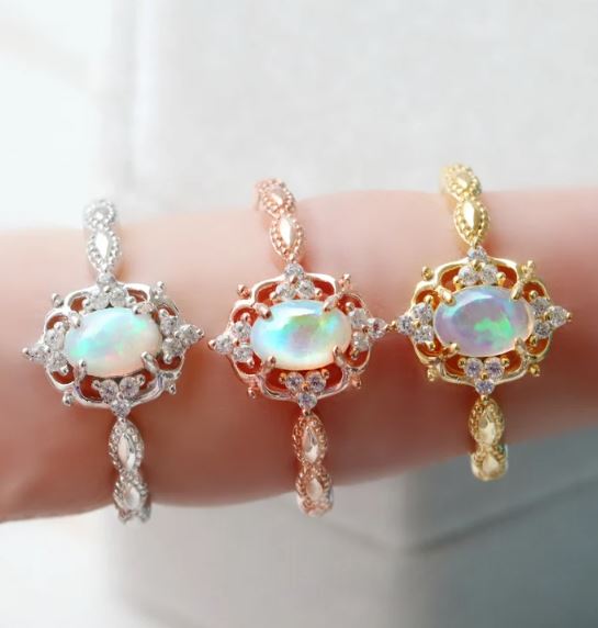 Vintage Natural Opal Ring in 925 Sterling Silver - Engagement Promise Ring For Women October Birthstone