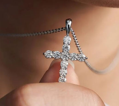 Diamond Cross Pendant Necklace in 925 Silver - Religious Necklace Dainty Cross Jewelry