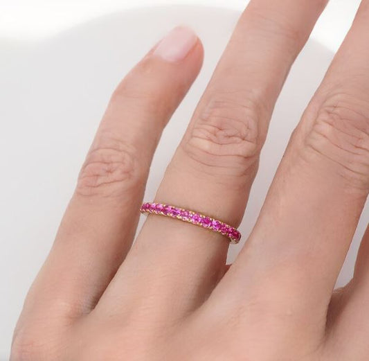 Pink Tourmaline Half Eternity Ring in 14K Rose Gold Finish - Wedding Anniversary Gifts