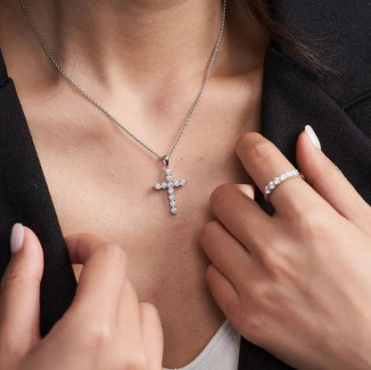 Diamond Cross Pendant Necklace in 925 Silver - Religious Necklace Dainty Cross Jewelry