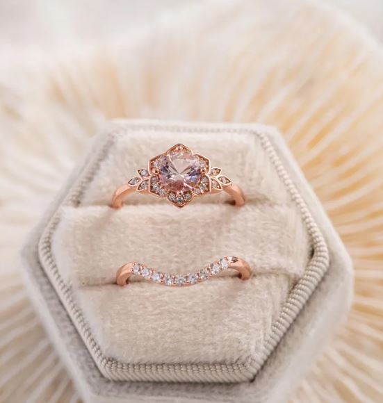 Peach Morganite Engagement Ring Set in 14K Rose Gold Finish Curved Wedding Band - June Birthstone