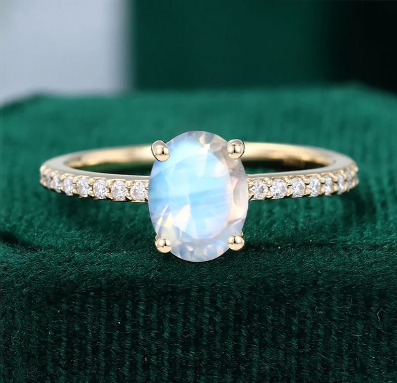 Oval Cut Moonstone Engagement Ring in Gold Finish - June Birthstone Ring Gift For Her