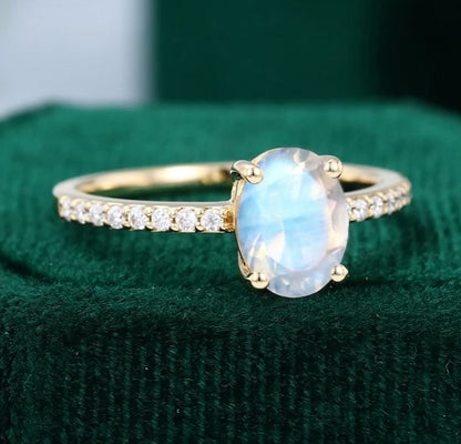 Oval Cut Moonstone Engagement Ring in Gold Finish - June Birthstone Ring Gift For Her