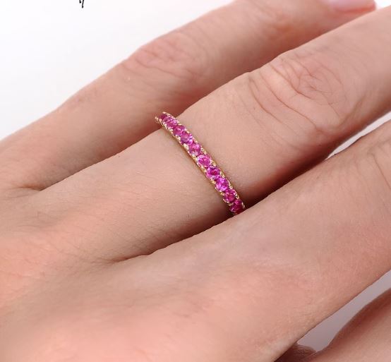 Pink Tourmaline Half Eternity Ring in 14K Rose Gold Finish - Wedding Anniversary Gifts