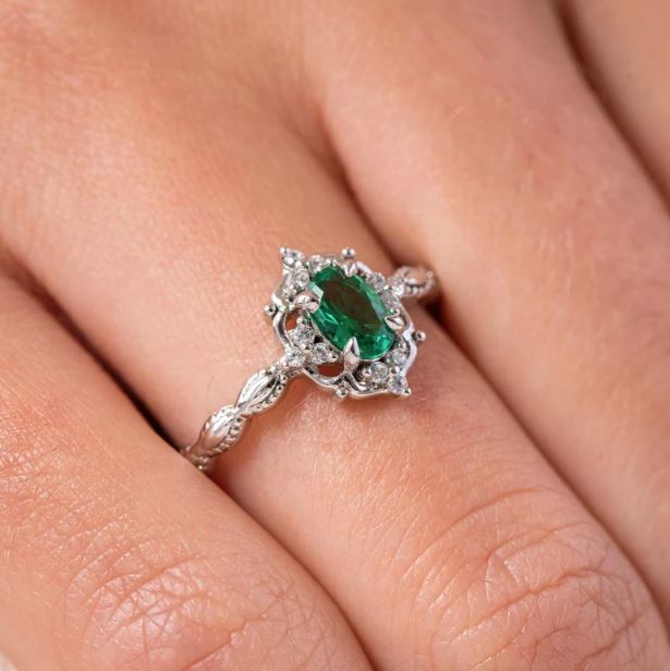 Art Deco Green Emerald & Diamond Engagement Ring in Sterling Silver - Dainty Ring For Her