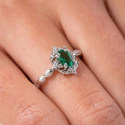 Art Deco Green Emerald & Diamond Engagement Ring in Sterling Silver - Dainty Ring For Her