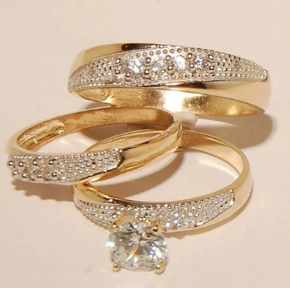 14k Yellow Gold Plated 925 Silver Diamond Trio Ring Set - Wedding Ring Set - His & Her Engagement Ring